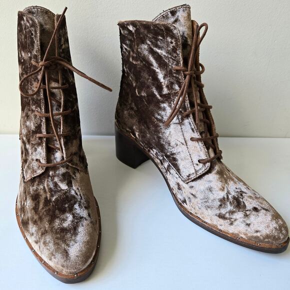 Freda Salvador NEW Ace Crushed Velvet Lace Up Mid Heel Taupe Brown Boots Size 7 - Picture 5 of 13